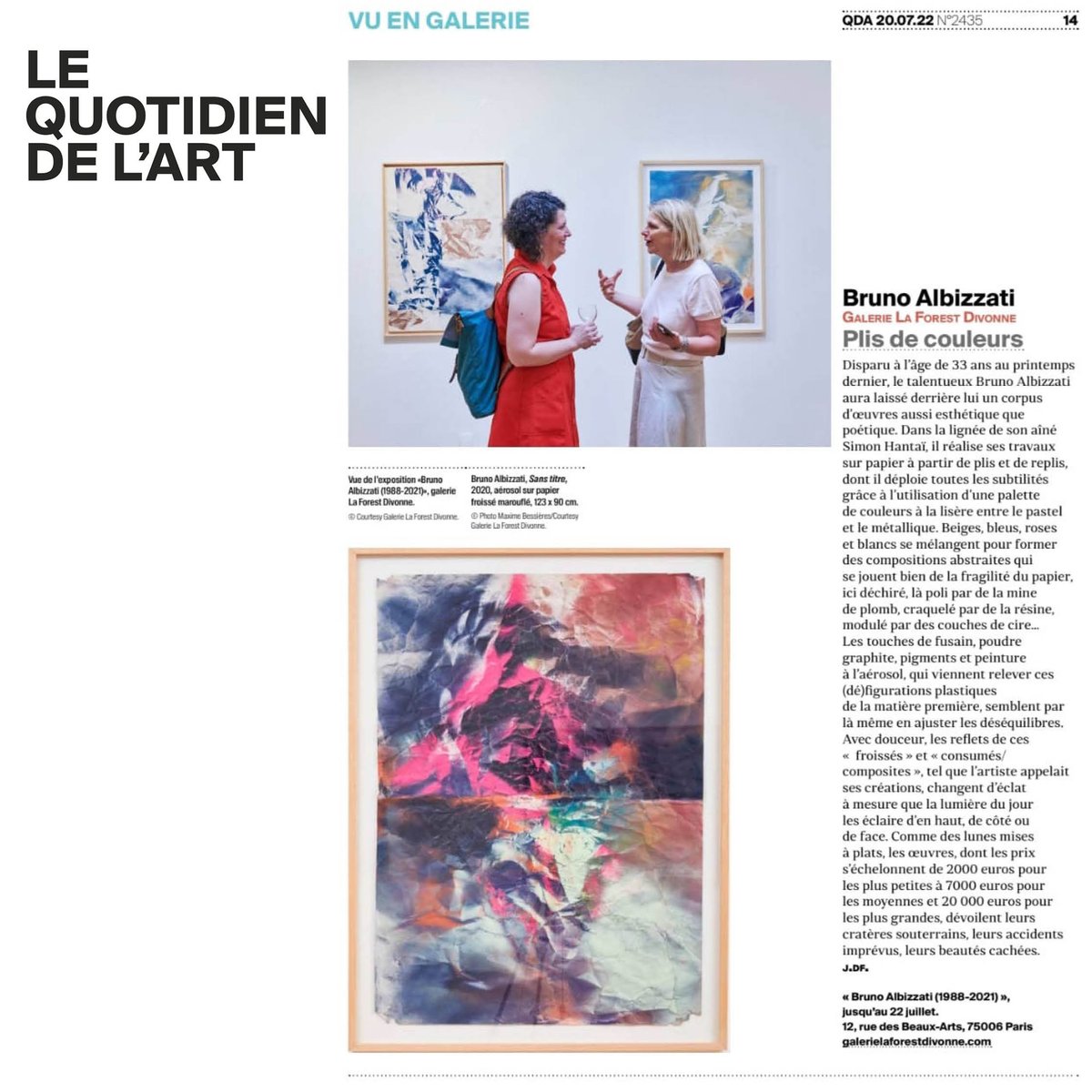 Merci Jordane de Faÿ pour ce bel article sur Bruno Albizzati sur <a href="/quotidiendelart/">Quotidien de l'Art</a>! 👏

L'exposition "Bruno Albizzati (1988-2021)" se termine vendredi 22!
#brunoalbizzati #galerielaforestdivonne #press #lequotidiendelart #quotidiendelart #juin2022 #drawings #drawing #artdecoratifs