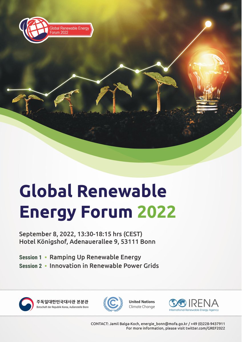 📢 How to scale up renewable energy globally:

Join UNIDO ITPO Germany at the Global Renewable Energy Forum (#GREF) 2022 in Bonn!

📆 September 8, 2022, at 13:30-18:30 hrs.
📍Hotel Königshof (Adenauerallee 9, 53111 Bonn)
✉️ lnkd.in/eAa6j5c7
🔎lnkd.in/eUcF_ZFX