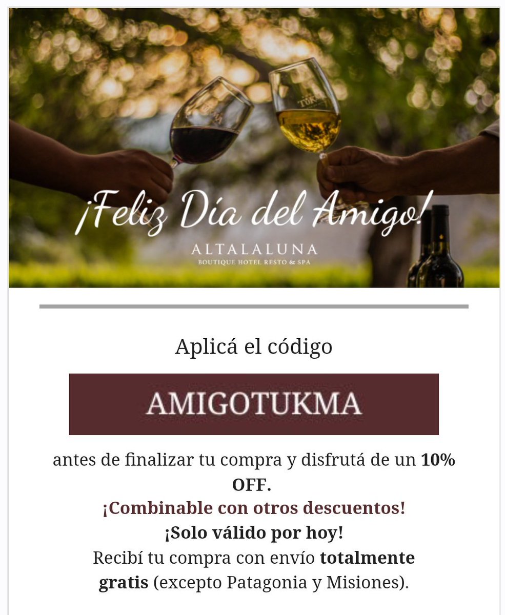 Promo Amigo! 10% de descuento en vinos de @<a href="/BodegaTukma/">Bodega Tukma</a> combinable con otros descuentos.

#AMIGOTUKMA

tukma.com/productos/?utm…