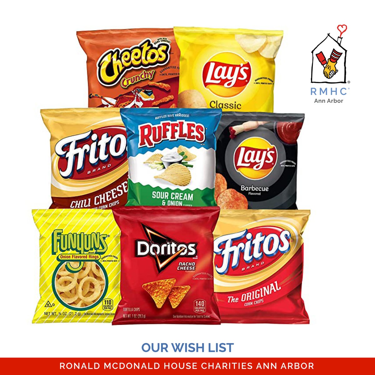 What is your favorite snack food? Help restock our pantry and share your favorite tasty treat by donating individual size bags for our families to enjoy.  Donations can be dropped off from 9am-9pm at the Main House, 1600 Washington Hts., weekdays and weekends.  #WishListWednesday