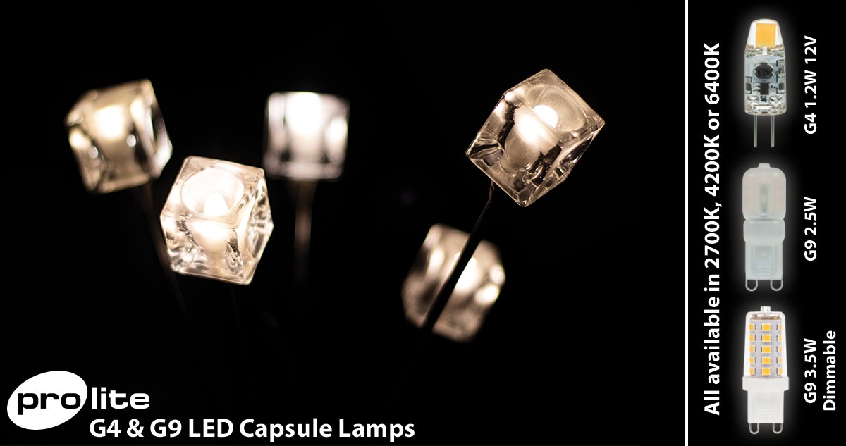 Prolite Lamps stock the G4 &amp; G9 LED Capsule Lamps in a wide variety of colour temperatures, replace your your energy hungry halogen G4 &amp; G9 bulbs today! Find out more ow.ly/T3X450JZatu #prolitelamps #ledlighting #halogenlamps #domesticlighting #commerciallighting
