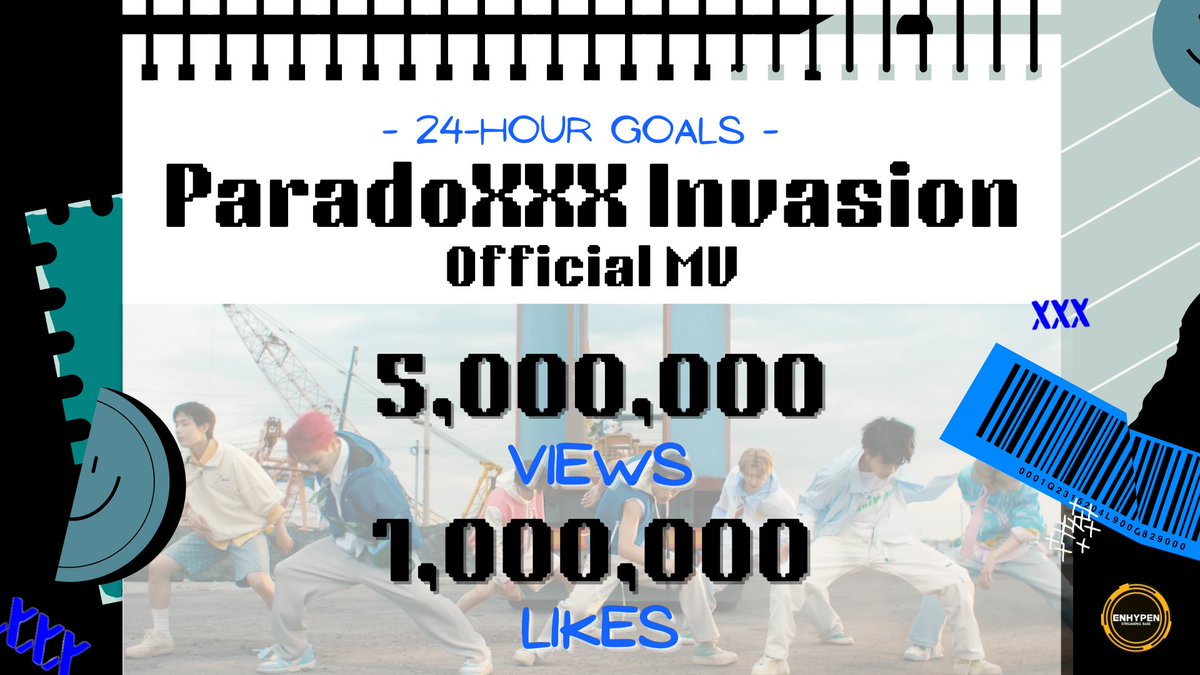 [📣] 24-HOUR GOALS

“ParadoXXX Invasion” Official MV will be out in a few hours (12 AM KST)! 

Here are our goals:
- 5M Views
- 1M Likes

#ParadoXXXInvasion #MANIFESTO_DAY1 #ENHYPEN <a href="/ENHYPEN_members/">ENHYPEN</a> <a href="/ENHYPEN/">ENHYPEN OFFICIAL</a>