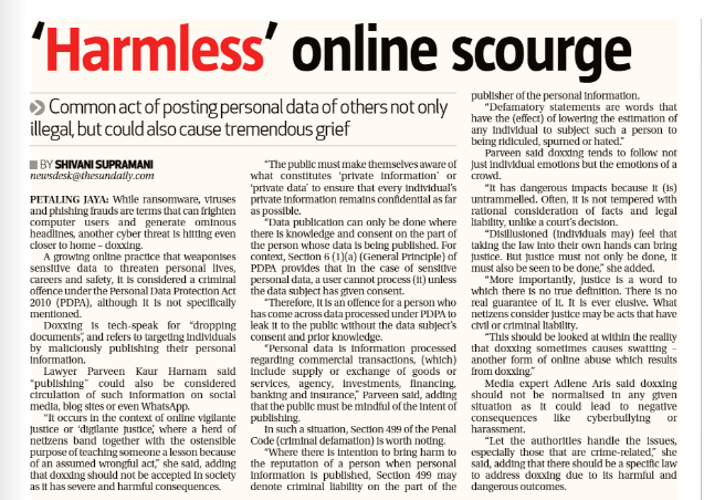 ParveenHarnam's tweet photo. Today's Malaysian Sun Newspaper (20.07.2022) covered doxxing. I've contributed to it in a legal capacity. Hoping that this will be another push to make legislating doxxing in Malaysia a near-future reality. 

#Doxxing #personaldata #penalcode #criminaldefamation #Malaysia https://t.co/Fic8ffx2OF