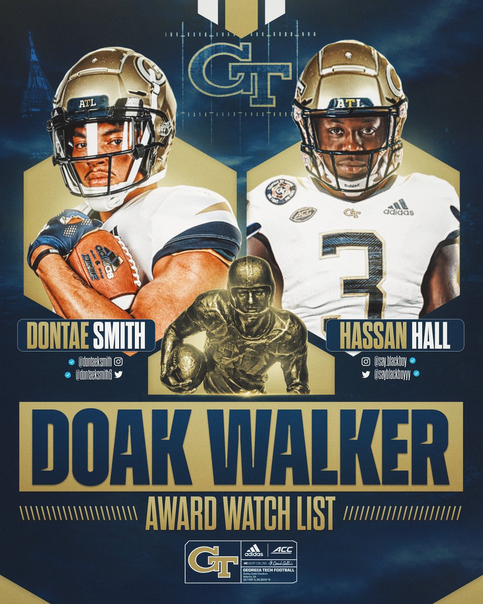 Dontae Smith and Hassan Hall are on the preseason watch list for the 2022 @DoakWalkerAward, which is presented annually to college football’s top running back 🏆 🔗 buzz.gt/DoakWatch-22 #4the404