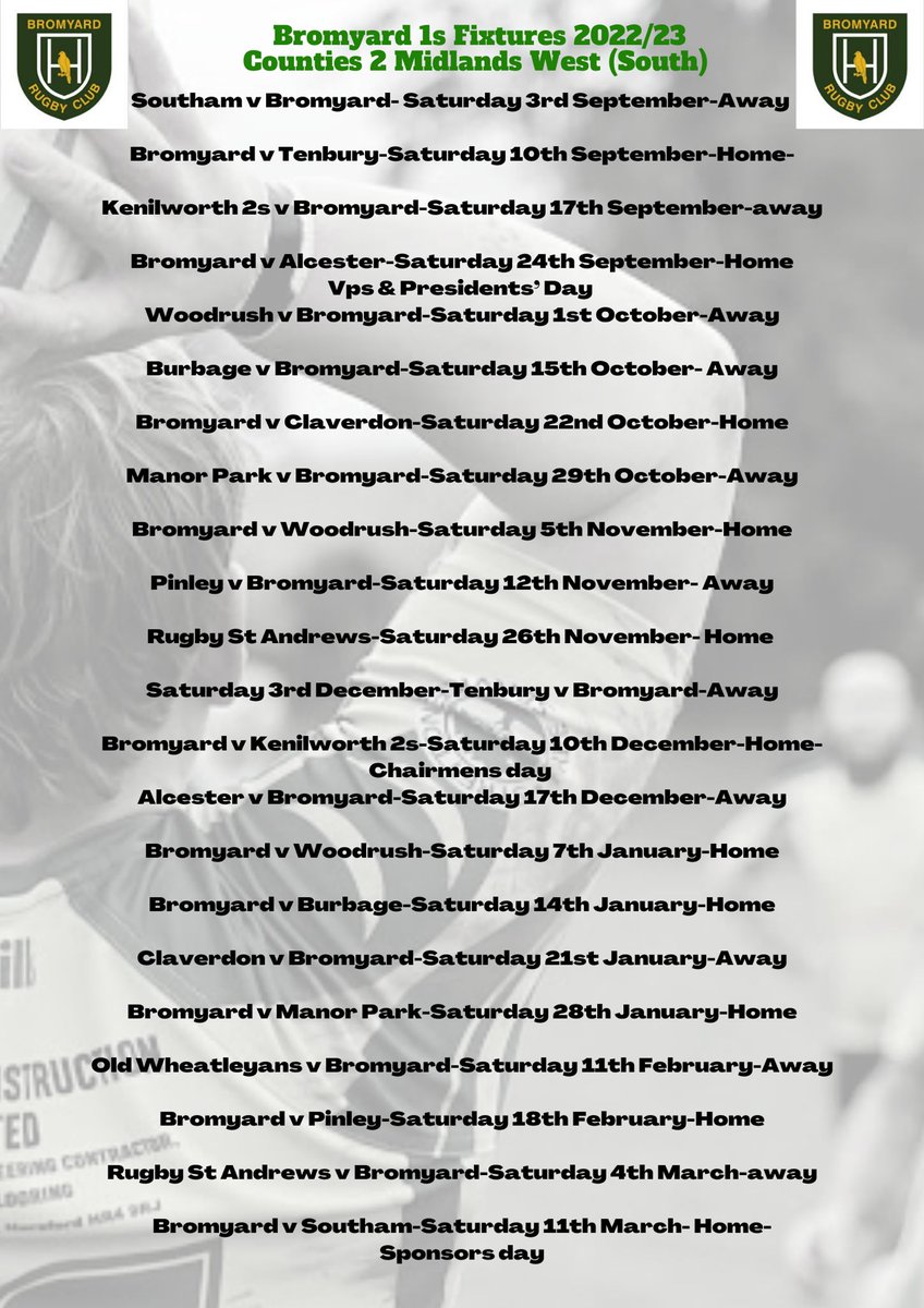 Some dates for your calendars in the upcoming season! #bromyardrugbyclub #Bromyard #Bromyardrfc #BRFC #bromyardrugby #mensrugby #fixtures #1stXV 🏉