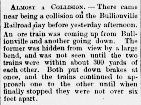 HistoryNevada's tweet photo. A dramatic near collision of two trains going the opposite directions on the same track on the Pioche &amp; Bullionville Railroad was reported in the Jul 20, 1873 Pioche Record. https://t.co/r7GzJLvzvA 
"...when they finally stopped they were not over six feet apart." https://t.co/mKVZeFNqaj