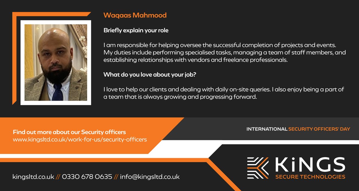 kingsltd's tweet photo. Day 3: #internationalsecurityofficersday 24/7
Our third #SecurityOfficer testimonial is from Waqaas Mahmood, who loves his role in security as it provides an opportunity to progress and independence.
https://t.co/fpOE1kqKjq
#KST #thankyousecurityofficers #hiddenworkforce https://t.co/RFgwkjx3w1