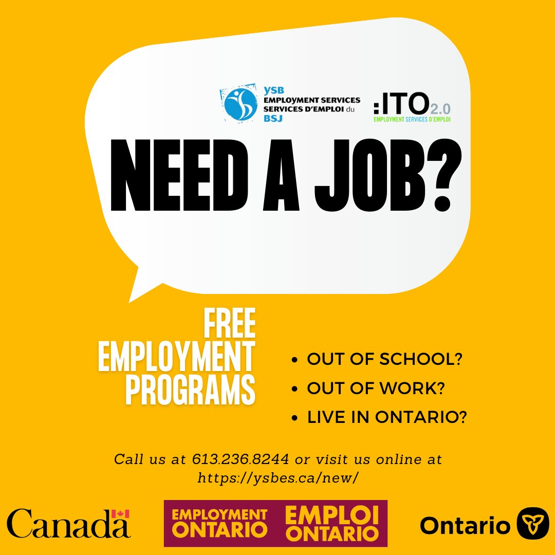 YSBES_Ottawa's tweet photo. Looking for work? We can help!
We offer free employment support to job seekers of all ages.
Call us at 613.236.8244 or visit us online at https://t.co/GwUfTMmYJo for further assistance.
#ONjobs #employment #EmploymentSupport #EmploymentOttawa #EmploymentOntario #613jobs https://t.co/dzlDro5aR5
