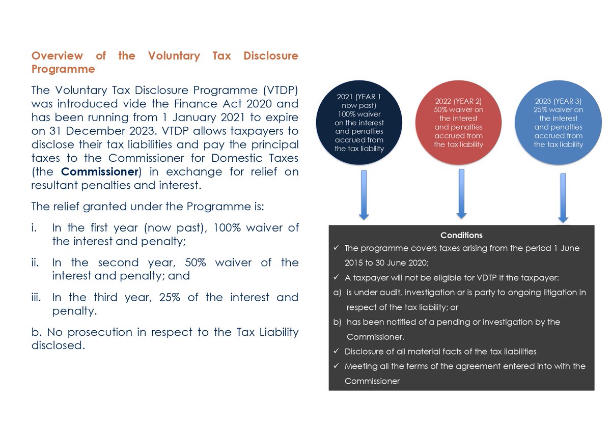 Bowmans_Law's tweet image. INSIGHTS 🇰🇪| The VTDP, currently in its 2nd year, will run up to 31/12/2022. As such, taxpayers who disclose and pay their principal taxes by this date will be eligible for a waiver of 50% of penalties and interest subject to certain conditions. More here: bit.ly/3OlRKql