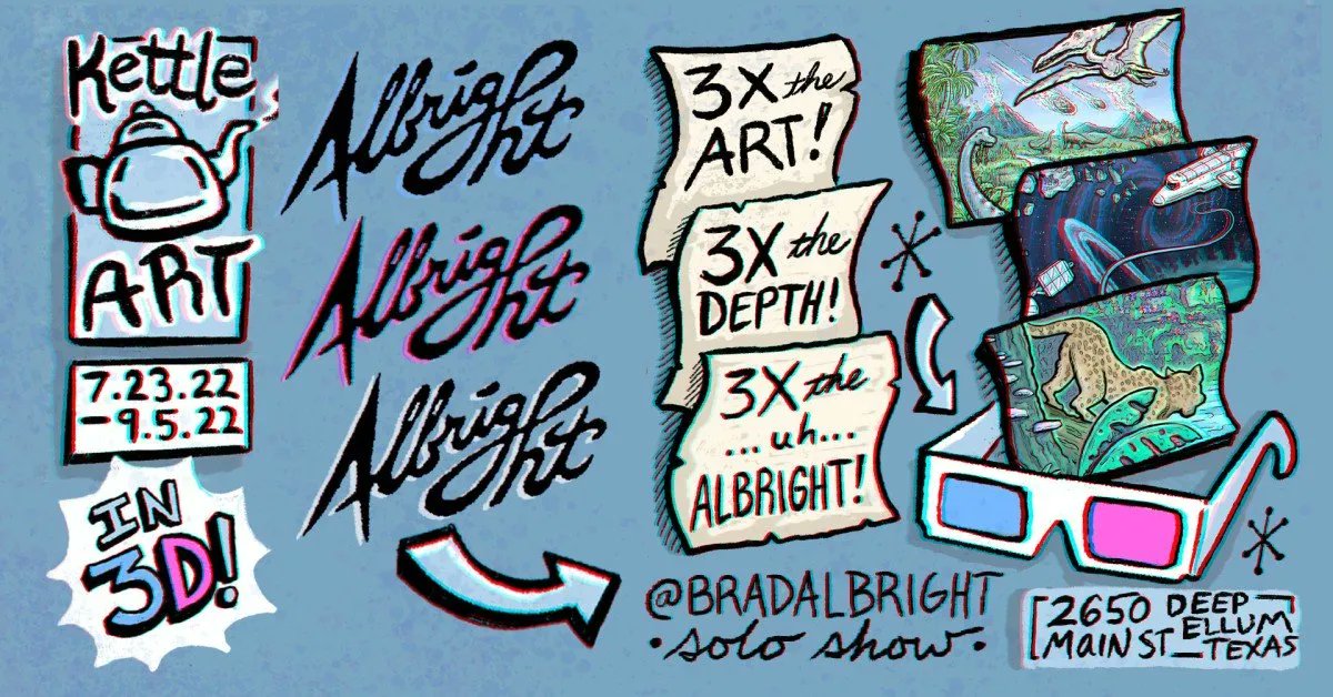 Dallas-based artist <a href="/BradAlbright/">Brad Albright</a> takes a modern approach to old-school 3D poster art. His 3D works are accessible on the surface, but on closer inspection, they reveal deeper layers of story &amp; intrigue. Albright's show opens Saturday at Kettle Art. buff.ly/3clVHhv