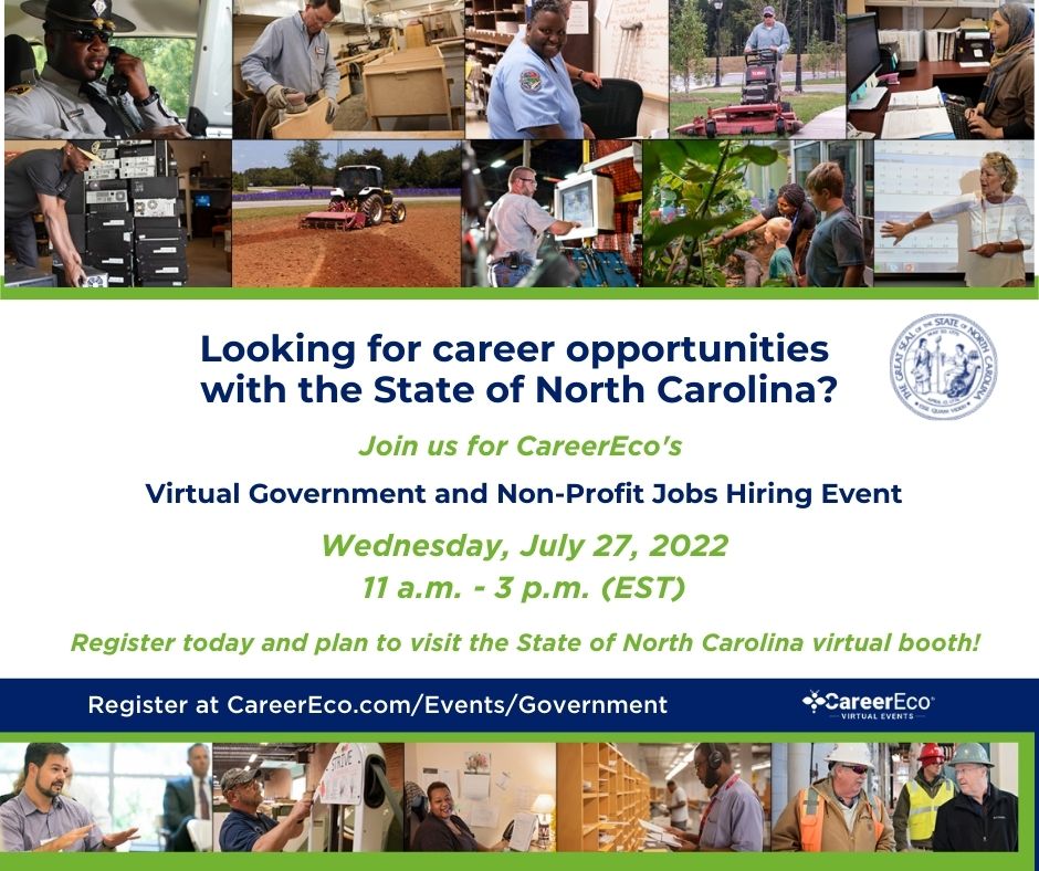 NCTreasurer's tweet image. We are excited to be participating in the virtual career fair for Government and Non-Profit jobs next week! Join us Wednesday, July 27 from 11-3.  We can't wait to talk with candidates who are interested in careers with the State of North Carolina! @Work4NC #ncpol #ncga #nc