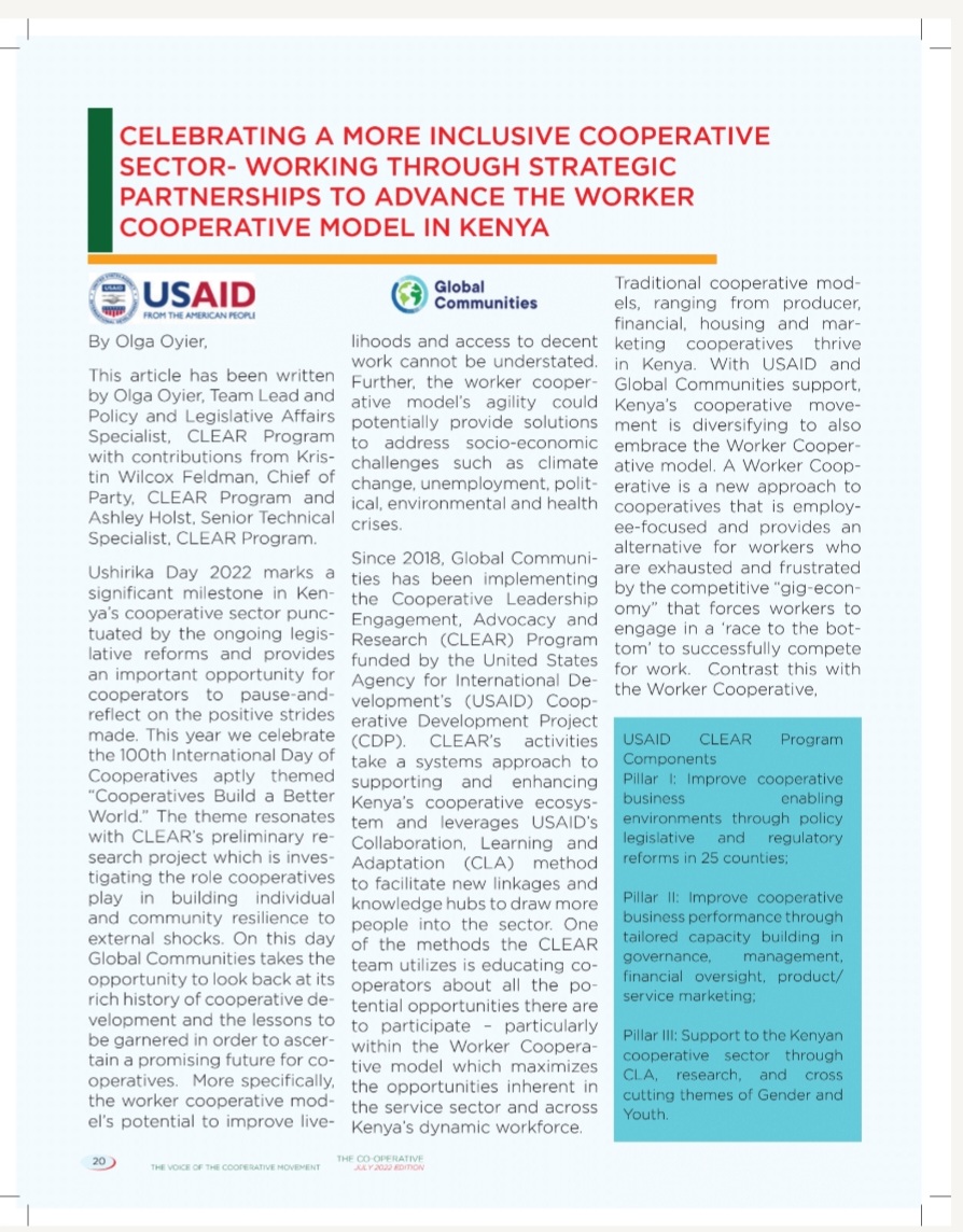 Our CLEAR Program work in Kenya was recognized and featured at this year’s Ushirika Magazine by the Cooperatives Alliance of Kenya @OperativeCak. Check out stories on our strategic approach towards supporting worker cooperative businesses✨bit.ly/3oekB5c @USAIDKenya