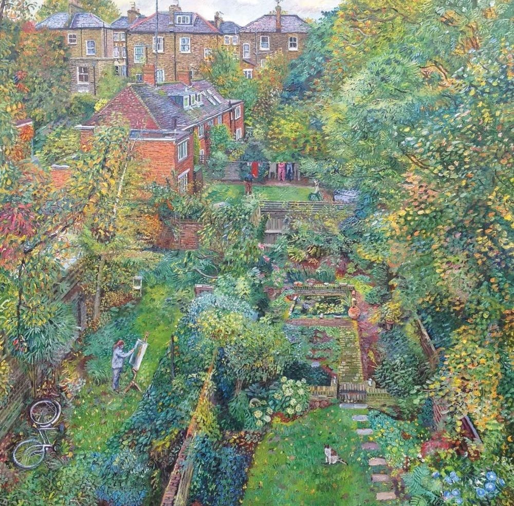 womensart1's tweet photo. 'View of Backgardens with Self Portrait' by UK artist Melissa Scott-Miller, known for her London streetscapes  #WomensArt https://t.co/GKoxnoQoyB
