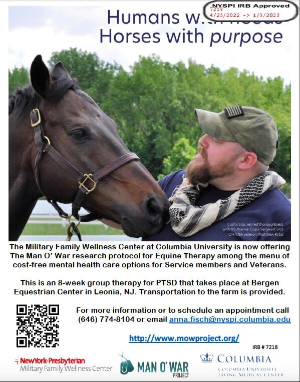 ICYMI: The Military Family Wellness Center and Man O’War Project are looking for a few more #NYC area #veterans for their July Equine Therapy program. This 8-week program starts soon! If interested, see info on the flier👇.