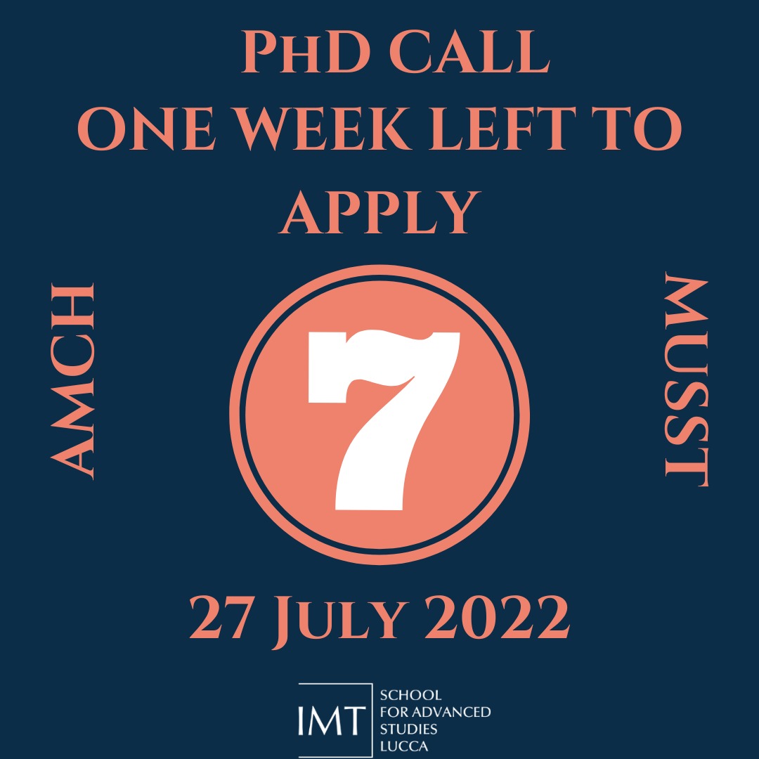 Only one week left!
Are you interested in working on #Archaeology #ArtHistory #MuseumStudies #VisualStudies #CulturalHeritageLaw #OrganizationStudies?
Then don’t miss the #phdcall in “Analysis and Management of Cultural Heritage” (AMCH)! 
imtlucca.it/en/programma-d…