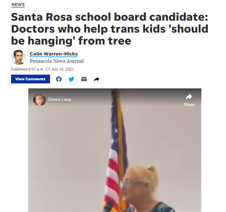 ErinInTheMorn's tweet photo. In Florida, they are considering banning all trans healthcare for trans youth, and removing coverage from medicaid for trans adults.

And now, at school boards, they are pushing to "hang gender affirming care doctors from trees."

We have to stop trans genocide NOW. https://t.co/YIC46hbCsP