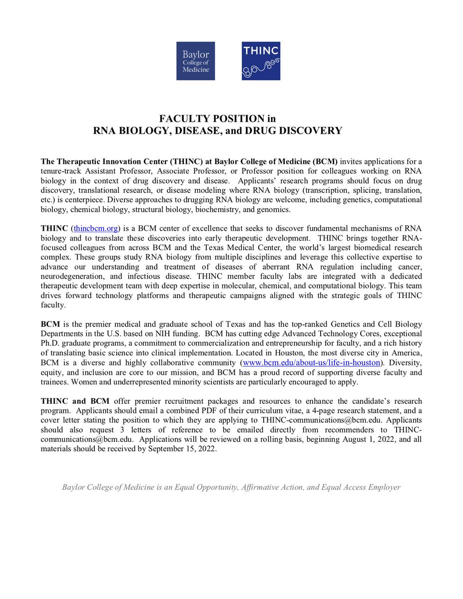 Jeremy Wilusz (@jeremywilusz) on Twitter photo Our RNA & therapeutics center (<a href="/thincbcm/">THINC@BCM</a>) at Baylor College of Medicine <a href="/bcmhouston/">BCMHouston</a> has two open faculty positions for colleagues studying basic mechanisms of RNA biology or therapeutics in the context of drug discovery and disease! Sept 15 deadline. Please reach out! <a href="/RNASociety/">The RNA Society</a> Our RNA & therapeutics center (<a href="/thincbcm/">THINC@BCM</a>) at Baylor College of Medicine <a href="/bcmhouston/">BCMHouston</a> has two open faculty positions for colleagues studying basic mechanisms of RNA biology or therapeutics in the context of drug discovery and disease! Sept 15 deadline. Please reach out! <a href="/RNASociety/">The RNA Society</a>