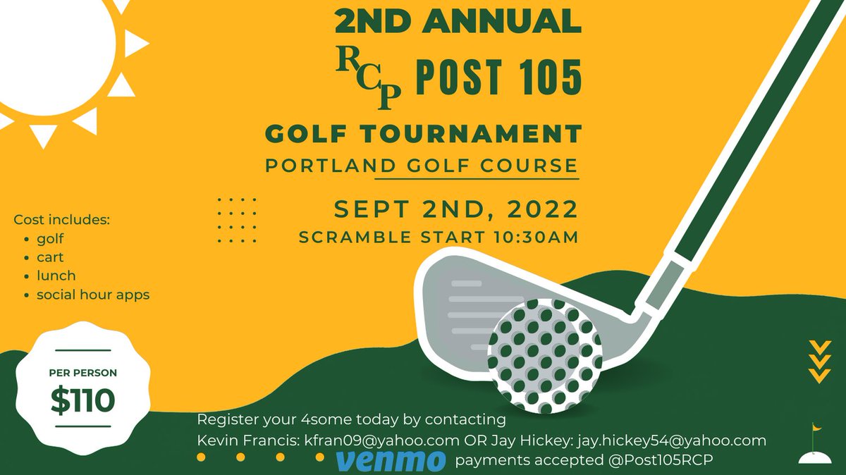 RCP_Baseball's tweet photo. Our 2nd annual RCP golf tournament fundraiser is scheduled for 9/2/22. The funds raised hep us offer youth baseball at an affordable price to the community. It was very successful last year and we thank you to all for supporting RCP Post 105. #ctlegion #ctbase #ctlegionbaseball https://t.co/2mrF1AOT6N