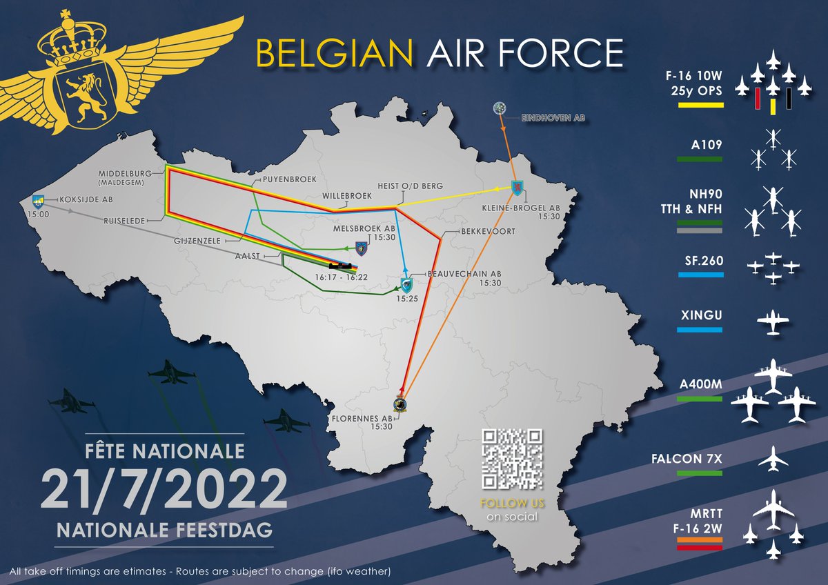 BeAirForce's tweet photo. Tomorrow at 16h17 the official Fly-By above the Royal Palace starts with the national tricolor 🇧🇪. Spot our airplanes and helicopters on their way to Brussels after they depart from our different airbases to fly over Brussels on schedule. Sharing is caring! @BeAirForce  #2107 https://t.co/rQatHl59o5