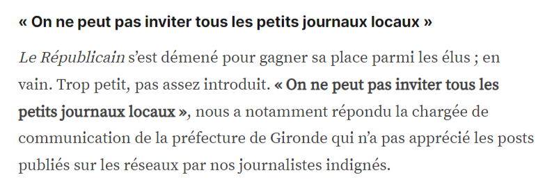 Voilà comment la <a href="/PrefAquitaine33/">Préfet Nouvelle-Aquitaine et Gironde</a> justifie d'exclure le <a href="/Republicain33/">Republicain33</a> de la venue d'E.Macron sur place pour les incendies. L'équipe de ce "petit journal local" et les milliers de lecteurs qui suivent leur incroyable travail apprécieront le mépris.