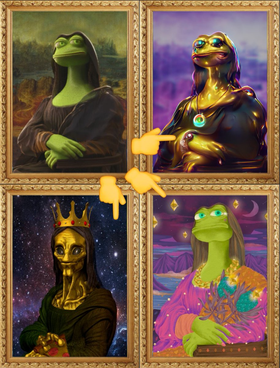 Checkout these variants of our beloved #FrogaLisa
👀

Thank you to our frens:
<a href="/QuantillionAi/">Dr Quantillion</a> 
<a href="/NoHoomans/">NoHoomans</a> 
<a href="/opus_cula/">thari h.</a> 
🙏❤️

#ArtNFT #Art #artistsontwitter