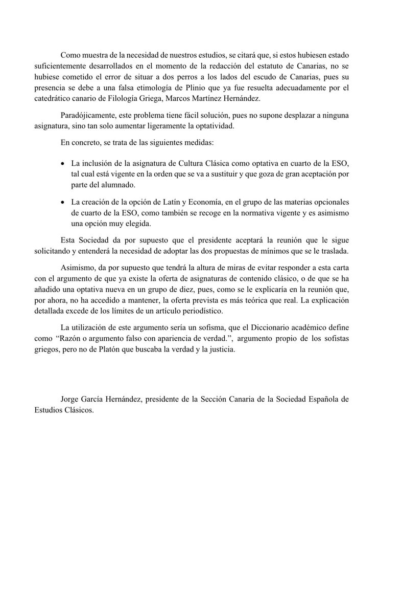 Carta abierta al presidente del Gobierno de Canarias por la recuperación de las Clásicas en las aulas <a href="/SEEC_nacional/">SEEC</a>