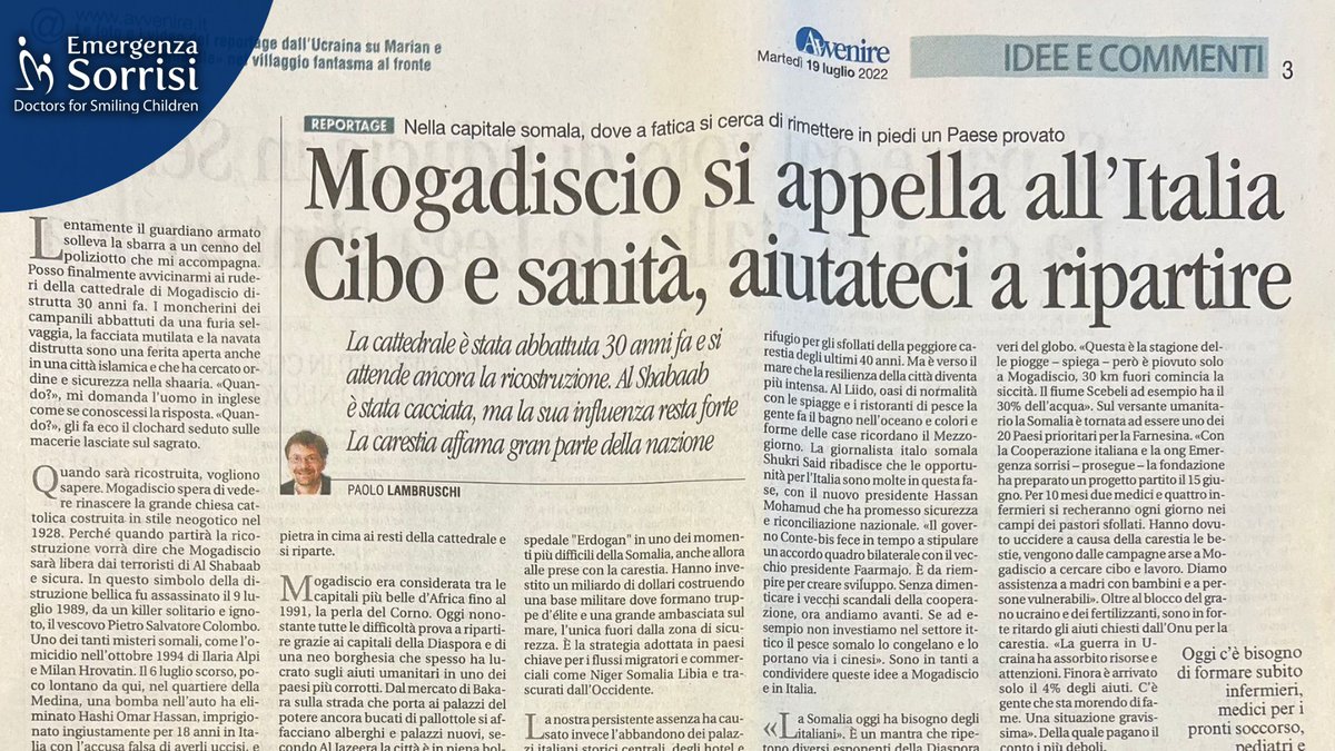 Vi invitiamo a leggere l’emozionante reportage di <a href="/Paololambruschi/">paolo lambruschi</a>, partito in Missione con noi a #Mogadiscio in #Somalia. Attraverso il suo sguardo ha raccontato tante storie e il lavoro di chi con fatica si impegna per rimettere in piedi un Paese provato.