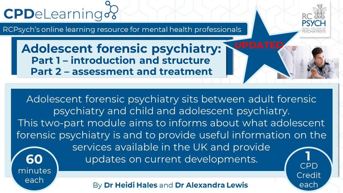 rcpsych_eLearn's tweet image. The #eLearningHub has #published #updated two-part module 'Adolescent forensic psychiatry'.

P1: 'introduction and structure'🔗 bit.ly/3PDb6c5
P2: 'assessment and treatment'🔗 bit.ly/3RQyAvu

#educationallearning on #adultforensicpsychiatry.

#CPDCredits #learn