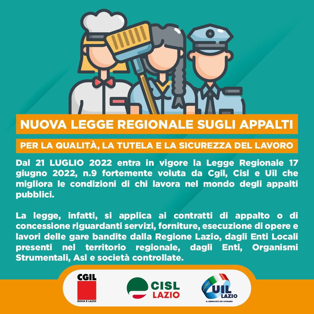 Cisl_Lazio's tweet photo. Domani nel #Lazio entrerà in vigore la Legge Regionale sugli Appalti.Dopo gli sforzi profusi dal Sindacato che ha portato all'approvazione della legge, sarà indispensabile un rinnovato impegno dei Territori e della Categorie della Cisl Lazio per la piena applicazione dalla norma. https://t.co/SlDwxQQ7Kn