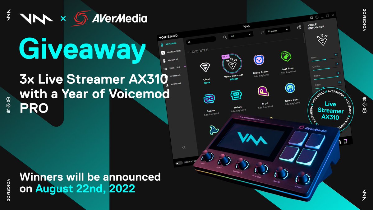 voicemod's tweet image. To celebrate our new partnership with AVerMedia, we will be giving away three Live Streamer AX310 devices, each with a free year of Voicemod PRO! To enter, the raffle simply follow @Voicemod and @avermedia and RT this Tweet!