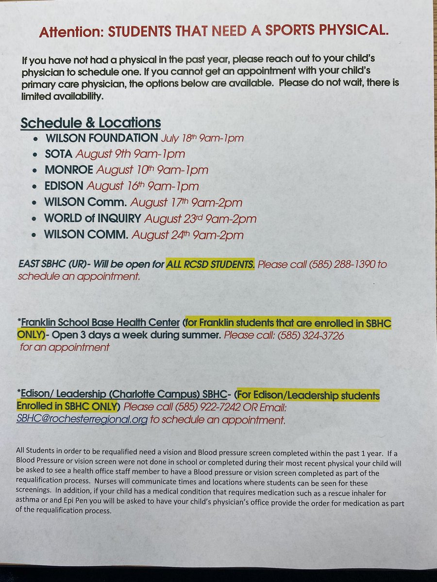 Need a physical for fall sports?
⁦<a href="/RCSDMonroe/">James Monroe Campus</a>⁩ ⁦<a href="/SWWProject/">SchoolWithoutWalls</a>⁩ ⁦<a href="/FootballJMonroe/">Monroe RedJackets Football</a>⁩ ⁦@RCSDHPEA⁩