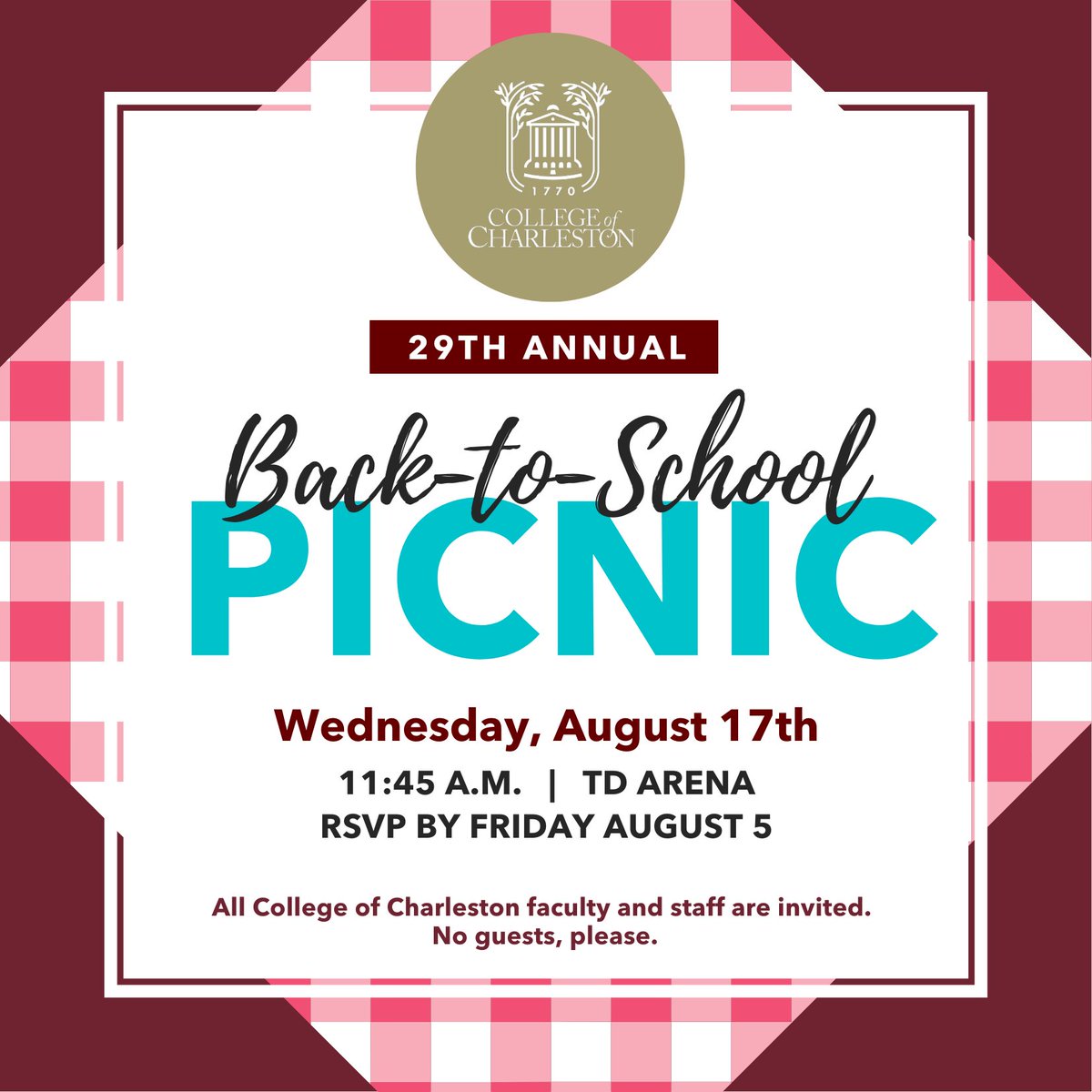 All faculty, including adjuncts, and all staff, including temporaries, are invited to start off the semester with our 29th Annual Back to School Picnic, Wednesday, August 17, 2022 at 11:45 AM in TD Arena for food, fun, and fellowship.