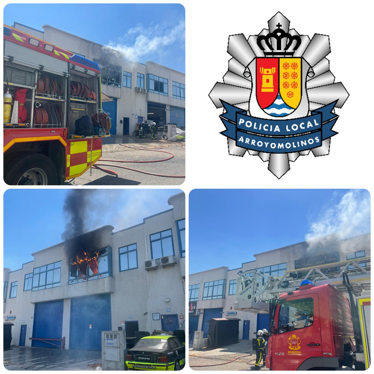 PLArroyomolinos's tweet photo. 📆Turno de tarde
📍C/Juan de la Cierva
🚨 Incendio en nave municipal

Se recibe llamada de @madrid112 informando de 🔥 en las oficinas de una nave del Polígono Industrial.
👉🏻 Los 🚓 se personan rápidamente para asegurar la zona hasta la llegada de 🧑🏻‍🚒.
1/2... https://t.co/gIzGCeZxFl