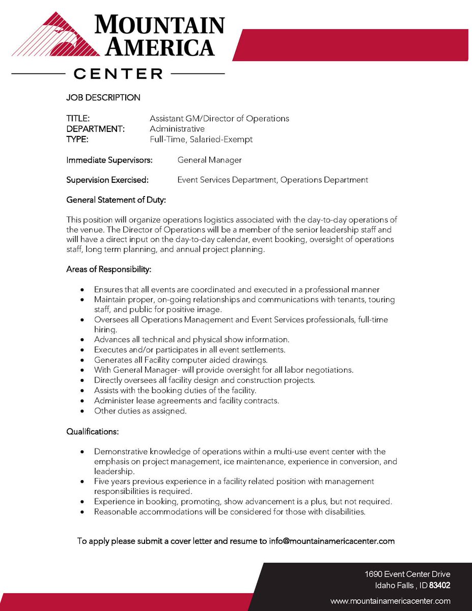 Join our leadership team here at the Mountain America Center! Are you our new Assistant GM/Director of Operations? Let's talk! #applynow #easternidahojobs #venuemanagement #operations