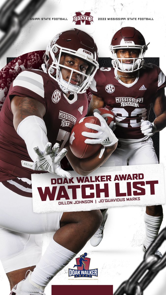 HailStateFB's tweet photo. The ONLY school in the SEC with multiple running backs on the @DoakWalkerAward Watch List! 

💥 @JoquaviousMarks 
💥 @Dill_7k 

#HailState🐶 https://t.co/ScgPhU3UXr