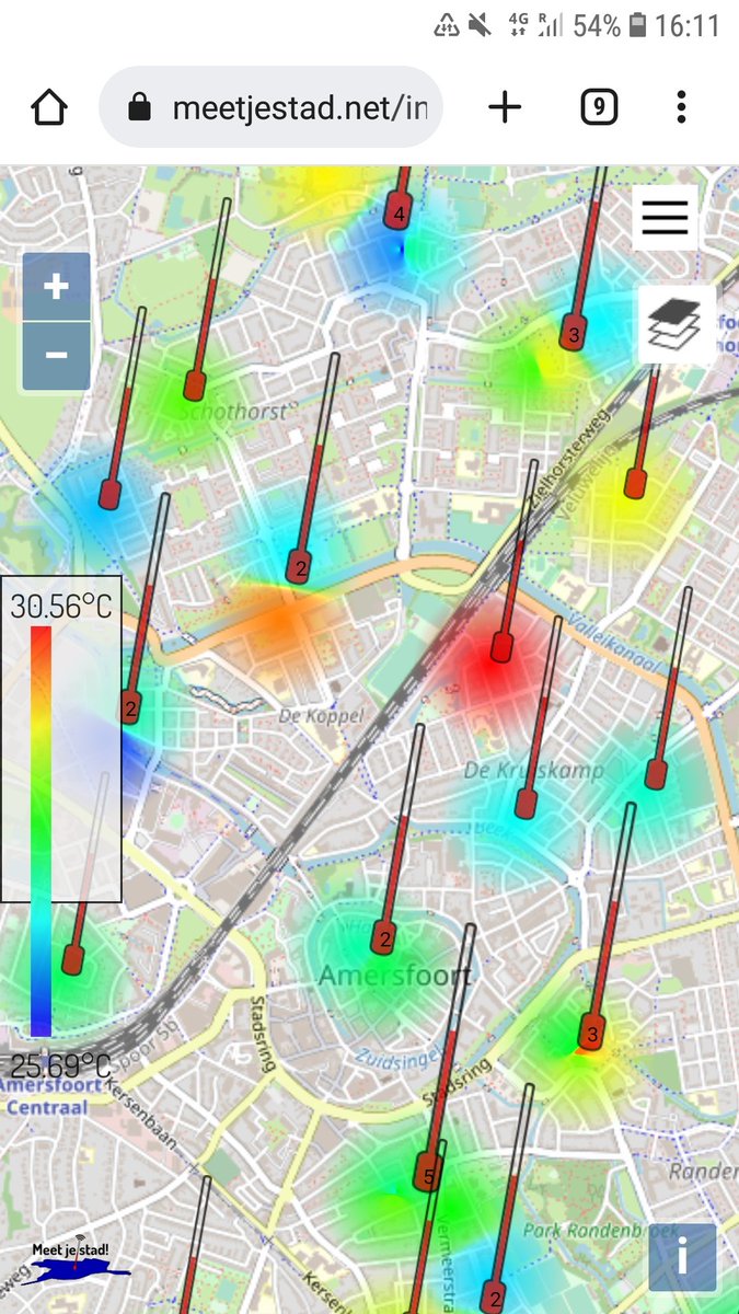 De hittekaart van 20 juli 16 uur van een deel van de stad. 
Maak zelf je eigen hittekaart van jouw wijk of de hele stad op meetjestad.net/index3.php?loc…
Vink heatmap aan en  de kaart verschijnt automatisch 
#hittekaart #heatmap #amersfoort