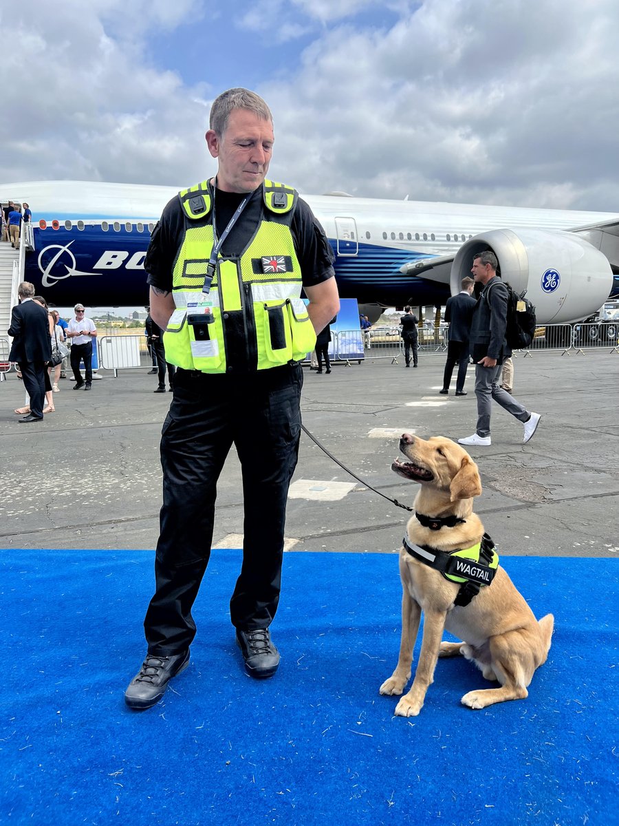 BoeingAirplanes's tweet photo. 🐾Pawfficer Hobson is on patrol at 
@FIAFarnborough, and we were excited to welcome him to the #777X. We’re hoping he may consider a career switch to pawlot after sitting in the 777-9 flight deck. #FIA2022 https://t.co/mVKmZ6Rcfp