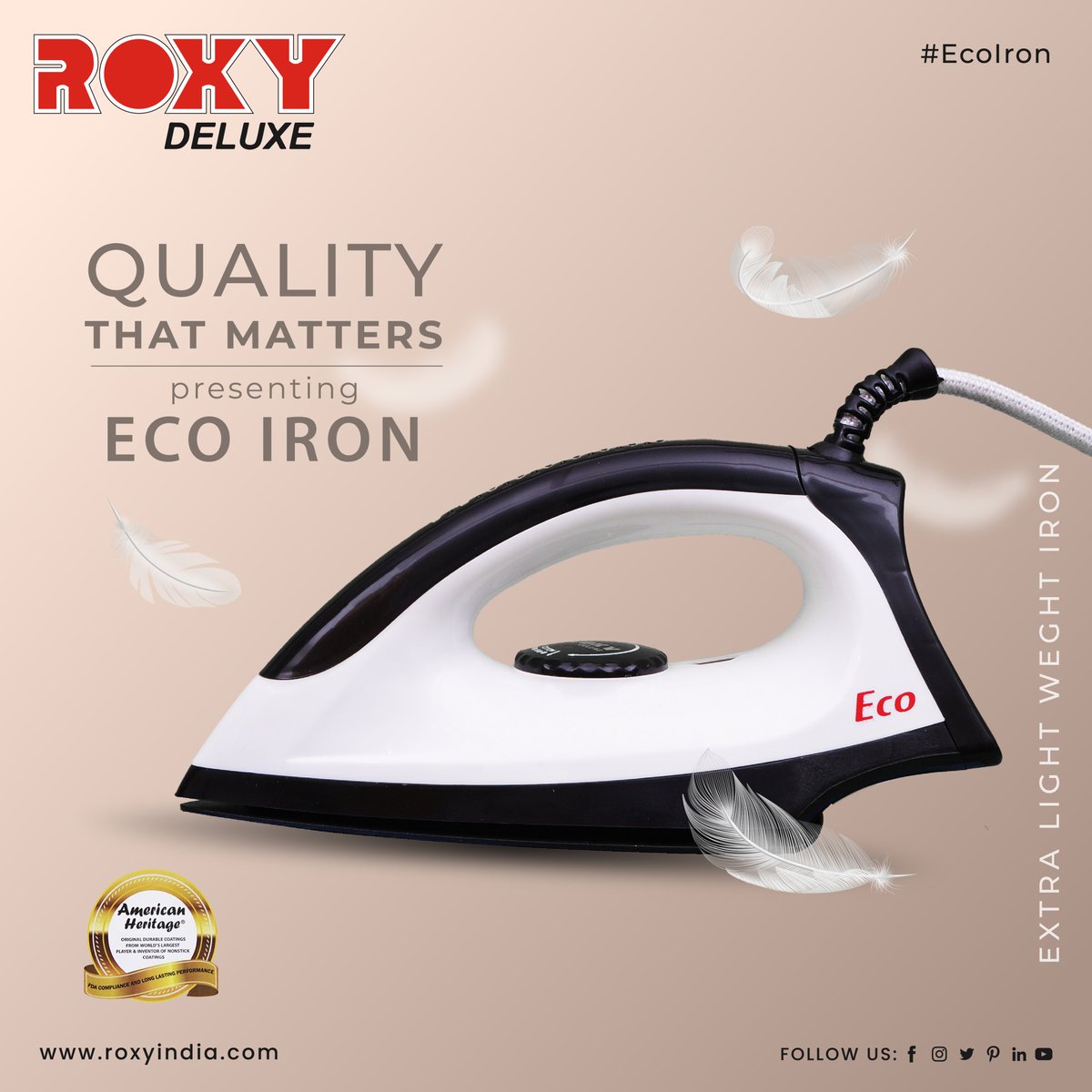RoxyAppliances's tweet photo. This lightweight multifunctional Roxy Eco Iron makes ironing the easiest task to perform. Quality That Matters.
.
.
#Roxy #ecoirons #irons #americanhertiage #indanbrand #besthomeapplainces #makeininda #affordable #wortyprice #madeininda #vocalforlocal #maharastra #ceilingfans https://t.co/mCnwtrRkWY