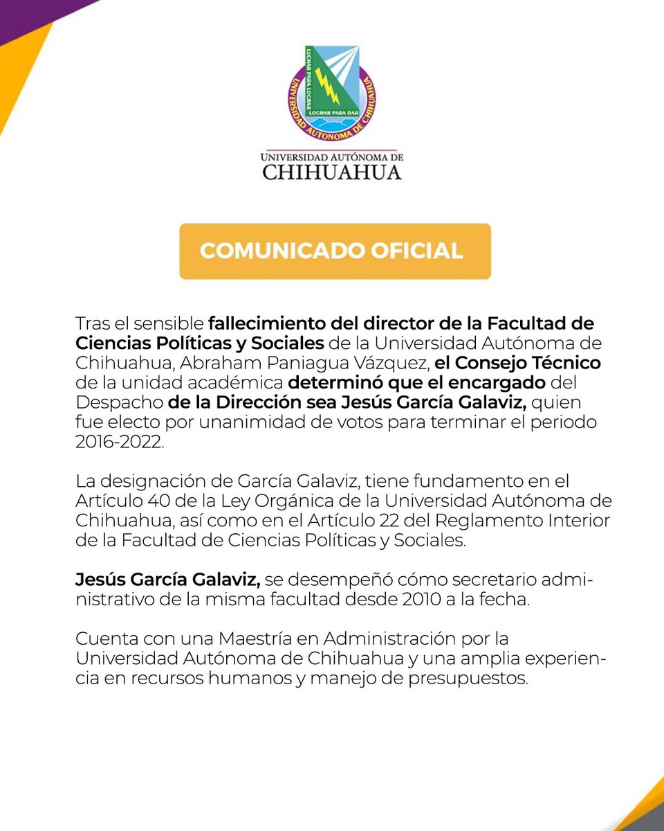 Comunicado Oficial sobre la designación de Jesús García Galaviz como encargado del Despecho de la Dirección en la Facultad de Ciencias Políticas y Sociales, UACH.