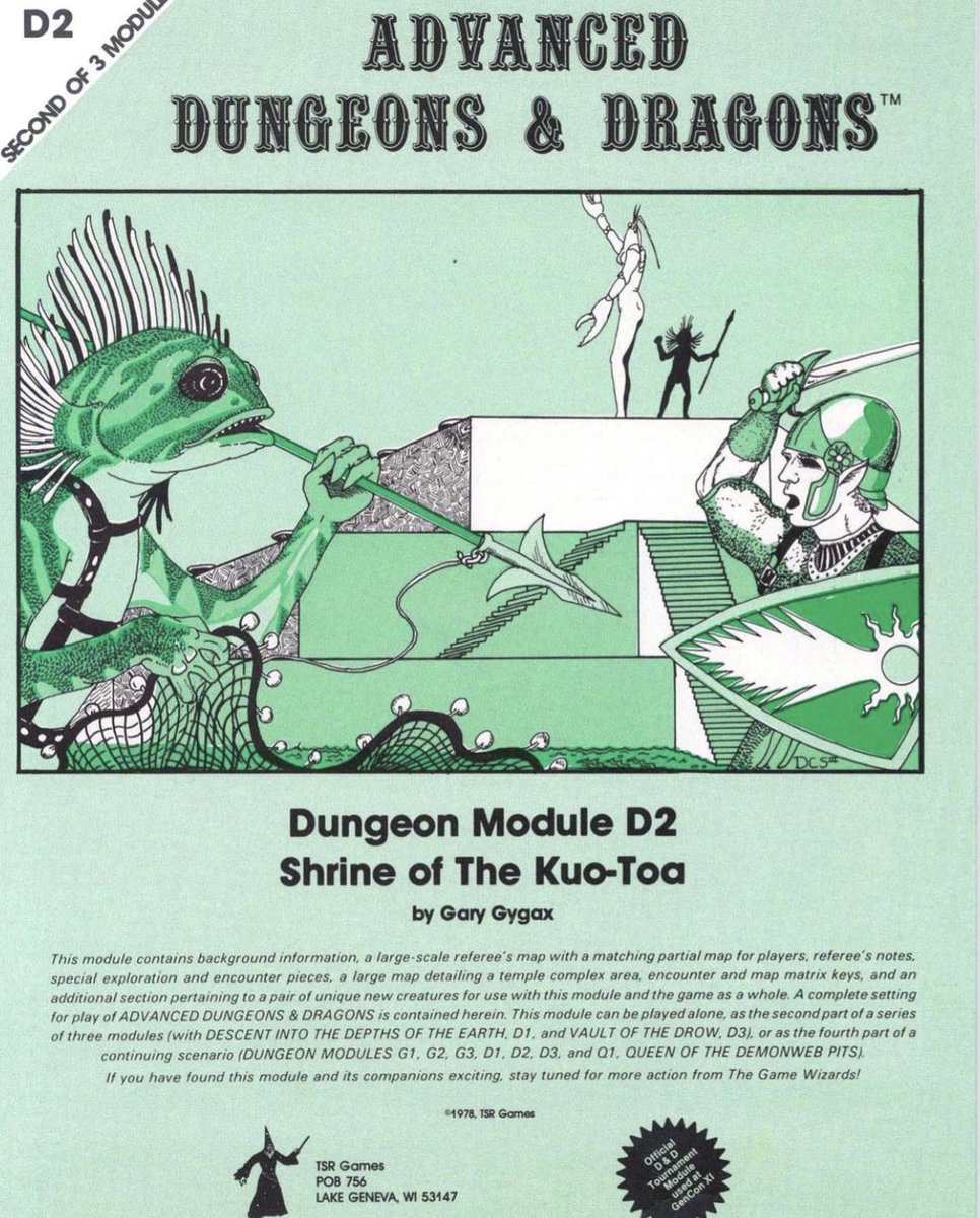 Shrine of the Kuo-Toa, by Gary Gygax with cover art by David Sutherland and interior illustrations by Trampier. A continuation of “Descent into the Depths of the Earth,” and the “Against the Giants” story arc. This one is full of Deep Gnomes, Lovecraftian fish-men and more
#dnd