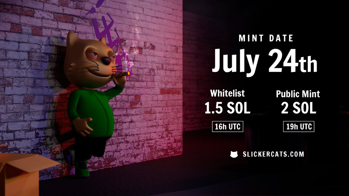 Heeeey Slickers🙀

🎉We are excited to announce our official release date!🎉

On the 24th of July at
16:00 UTC Private Sale🔥
18:00 UTC Public Sale 🔥

RT + Like + Tag your friends and activate the notification bell on our profile to be taken into account for 10 WL spots 👀