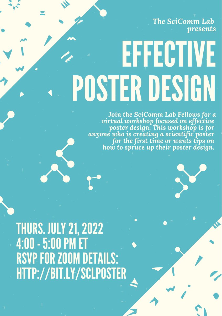 Join the SciComm Lab TOMORROW (July 21st) for a workshop on creating an effective scientific poster run by <a href="/leexiangx_/">Xiang Li, Ph.D.</a> &amp; <a href="/overbrainbows/">Dr. Alice Chou</a>! Perfect for SciFest presenters or anyone who wants to brush up their poster-making skills. RSVP at bit.ly/sclposter
#poster #scicomm