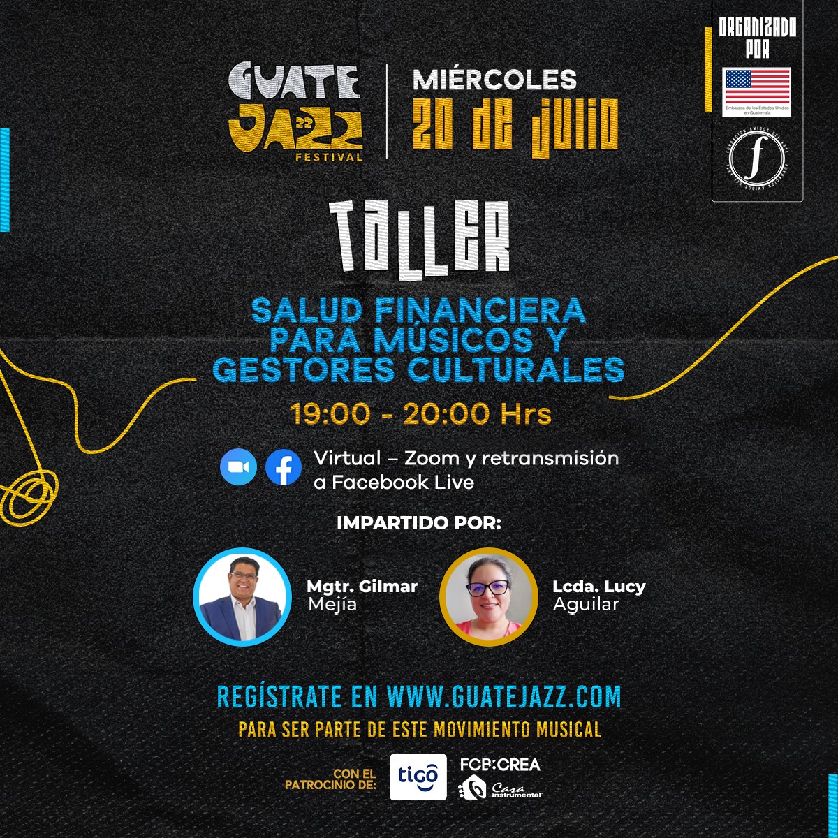 Gilmar Mejía y Lucy Aguilar nos acompañarán hoy a las 19:00 horas en el taller de "Salud financiera para músicos y gestores culturales" 🙌🏼🤓

¡Te esperamos! 

#Guatejazz2022