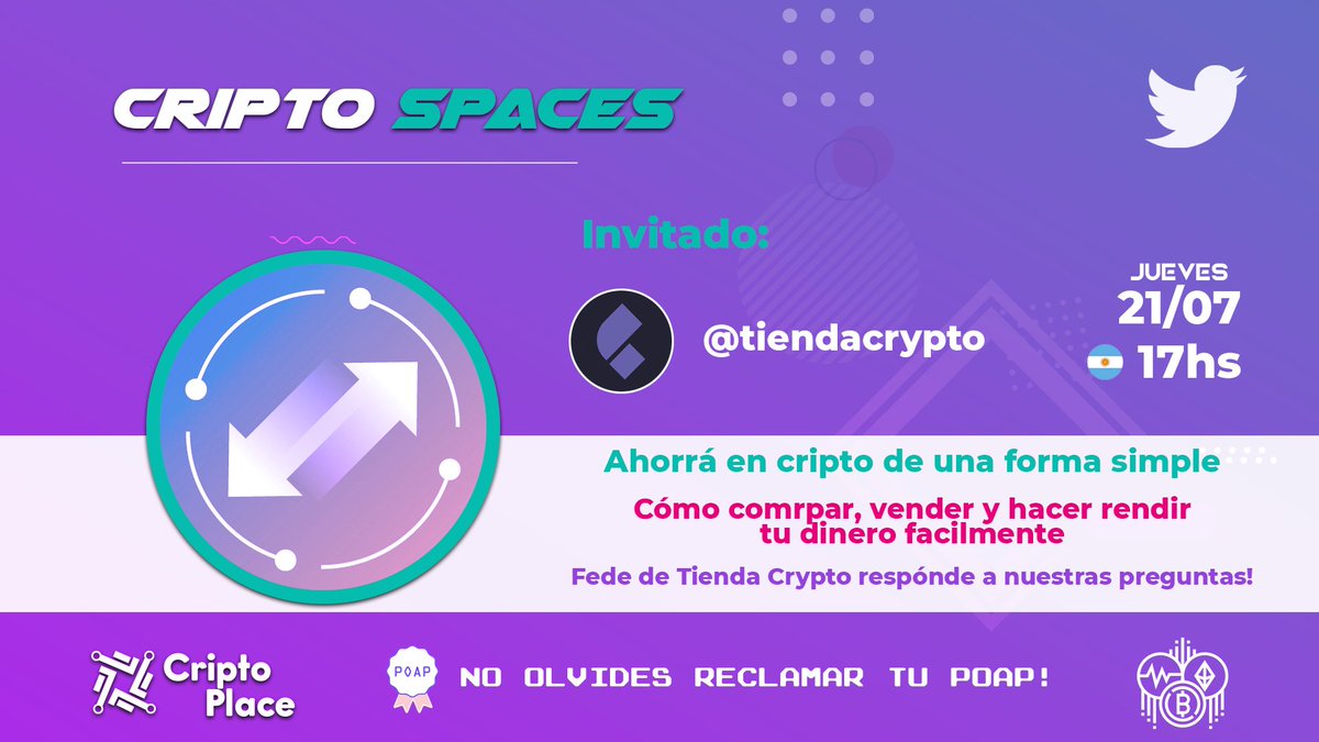 CriptoPlace's tweet photo. 🗣️¡Mañana se viene nuevo #CriptoSpaces - Episodio#11!
Estaremos consultando y aprendiendo sobre la plataforma de @tiendacrypto
🗓️Jueves 21/07
⏰17hs ARG - 8PM UTC
Agendá el evento desde el siguiente enlace!👇 https://t.co/CBqJjBkjcr