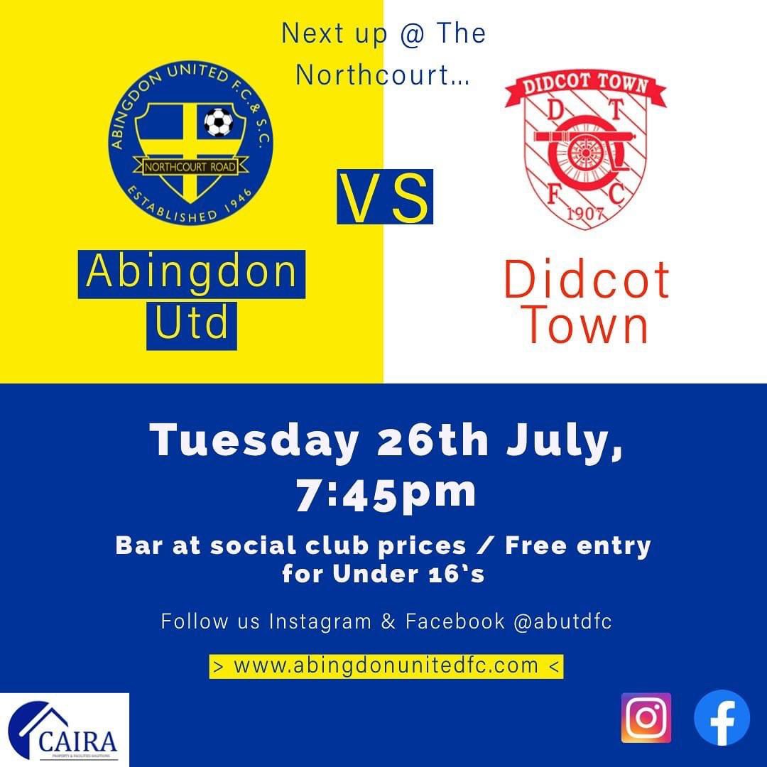 NEXT HOME GAME | 

@didcottownfc  travel to The Northcourt for a friendly match next Tuesday

🗓Tuesday 26th July
⏰7:45pm
📍The Northcourt 

General admission £4, Concessions £2, Under 16s free with paying adult.
🍺 Bar Open &amp; Social Club Prices (+ 10% discount for members)