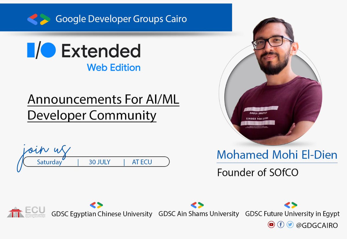 GDGCairo's tweet image. So It&apos;s time to introduce our Next Speaker  

@MrBrilliant12 will take the stage by storm to tell us more  about 👇
Announcements For AI/ML Developer Community, 

Registration Link:👇
forms.gle/vT5LBh11HAZi19…

#GDGCairo #IOExtended22 #IOExtendedWebEdition #IOExtended22Cairo