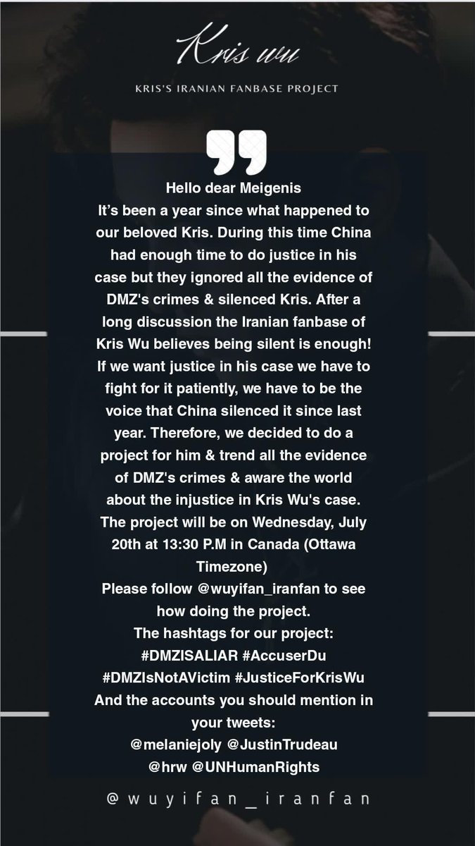wuyifan_iranfan's tweet photo. This world is so unfair &amp; no one will serve the justice in a golden tray for you. If you want justice, you have to fight for it patiently! And now it's time for us to fight &amp; aware the world about Kris is a victim &amp; falsely accused by a criminal named Du Meizhu!
#KrisWu https://t.co/W92TJjqQTN