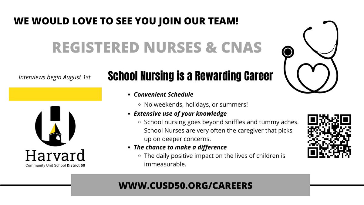 Harvard CUSD 50 Careers (@harvard50career) on Twitter photo School Nurses make a big impact on the lives of students, creating powerful connections with them. <a href="/HarvardD50/">Harvard CUSD 50</a> is looking for compassionate, collaborative, and detailed-oriented Registered Nurses & CNAs to join our team. Interviews begin August 1st-- don't wait. #HarvardRising School Nurses make a big impact on the lives of students, creating powerful connections with them. <a href="/HarvardD50/">Harvard CUSD 50</a> is looking for compassionate, collaborative, and detailed-oriented Registered Nurses & CNAs to join our team. Interviews begin August 1st-- don't wait. #HarvardRising