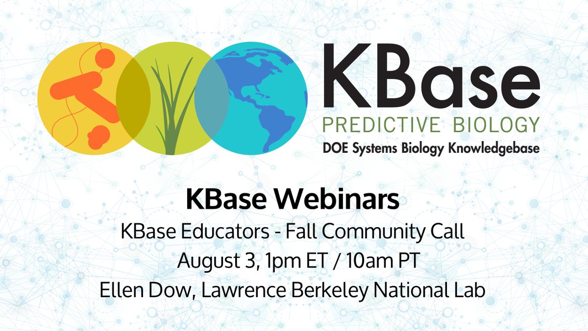 Teaching data science this fall? Join our #KBase Educators community on August 3rd at 1pm ET / 10am PT for an introduction to the program and release of new resources. 

Sign up here: lbnl.zoom.us/meeting/regist….