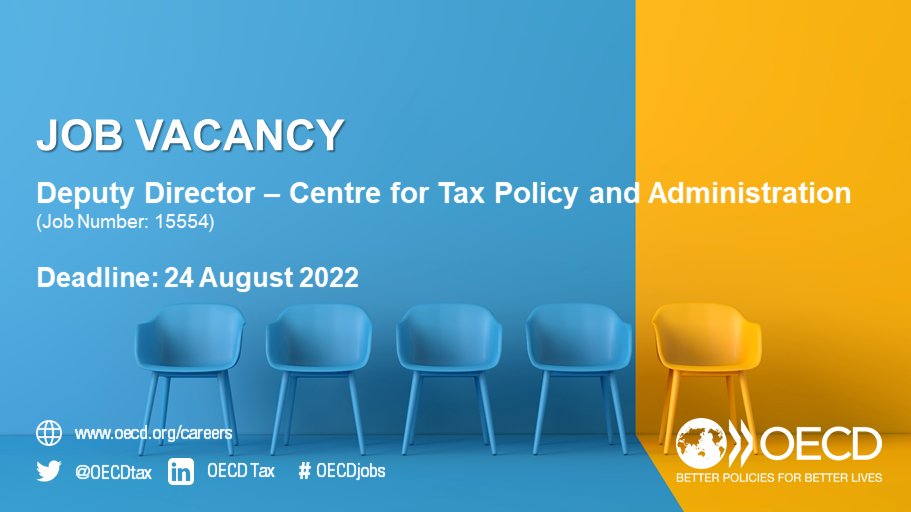 🚨 [JOB VACANCY] Do you have extensive experience in #tax policy and administration issues at senior level and on a global scale? We're looking for a new Deputy Director!

📩 Apply now ➡️ bit.ly/3B9nuw1
🗓️ Deadline: 24 August 2022

#OECDjobs #jobvacancy